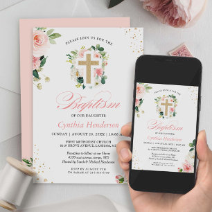 Taufe Christening Gold Blush Pink Blumenkreuz Einladung