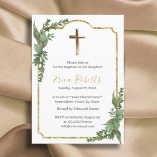 Taufe Christening Gold Cross Elegant Botanisch Einladung