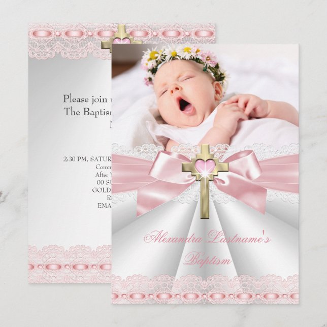 Taufe Christening Gold Cross Girls Pink 2 Einladung (Vorne/Hinten)
