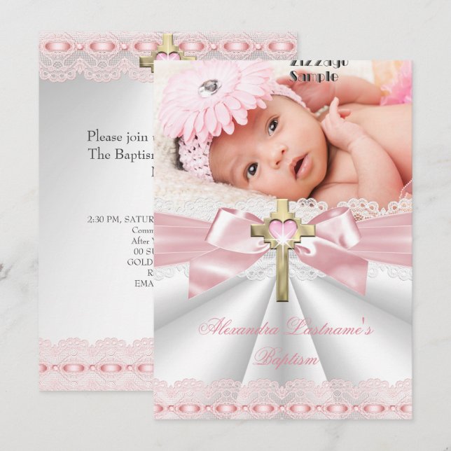 Taufe Christening Gold Cross Girls Pink Einladung (Vorne/Hinten)