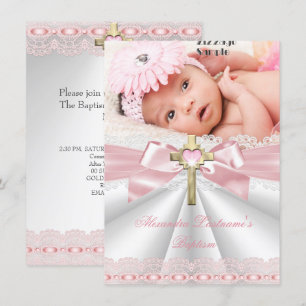 Taufe Christening Gold Cross Girls Pink Einladung