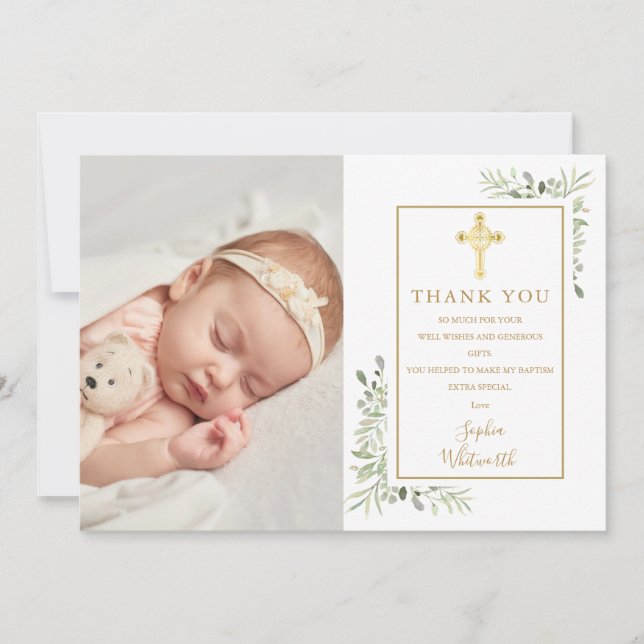 Taufe Christening Gold Cross Grüne Foto Dankeskarte (Vorderseite)