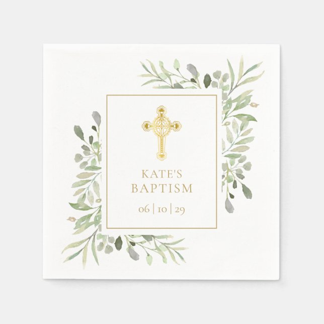 Taufe Christening Gold Cross Grüne Serviette (Vorderseite)