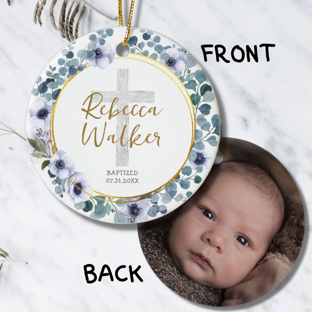 Taufe Christening Golden Blue Eukalyptus Blume Keramik Ornament (Von Creator hochgeladen)