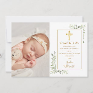 Taufe Christening Goldkreuz Grünpflanzen Foto Dankeskarte