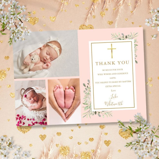 Taufe Christening Greenerenery Blush Pink 3 Foto Dankeskarte (Baptism Christening Greenery Blush Pink 3 Photo Thank You Card)