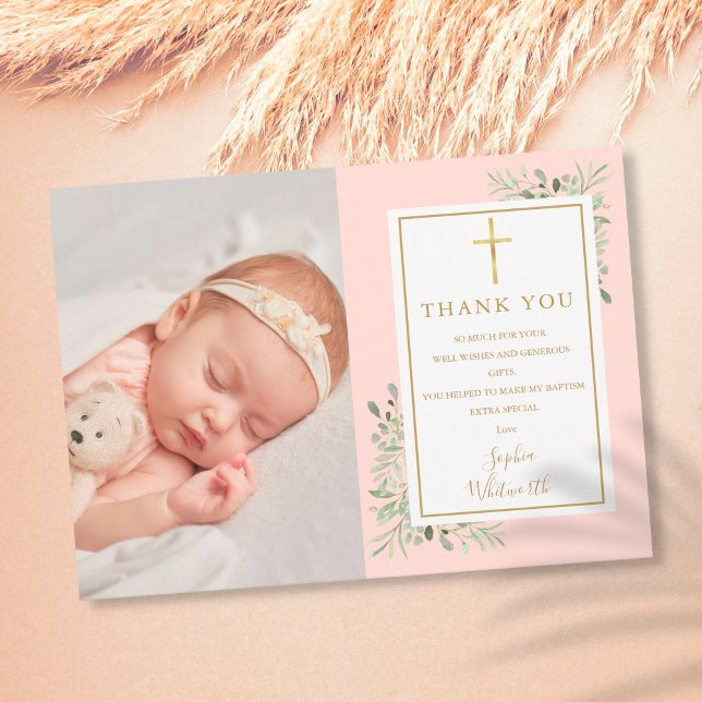 Taufe Christening Greenerenery Blush Pink Foto Dankeskarte (Von Creator hochgeladen)