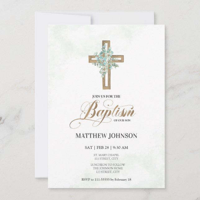 Taufe Christening Greenerity Cross Elegantes Skrip Einladung (Vorderseite)