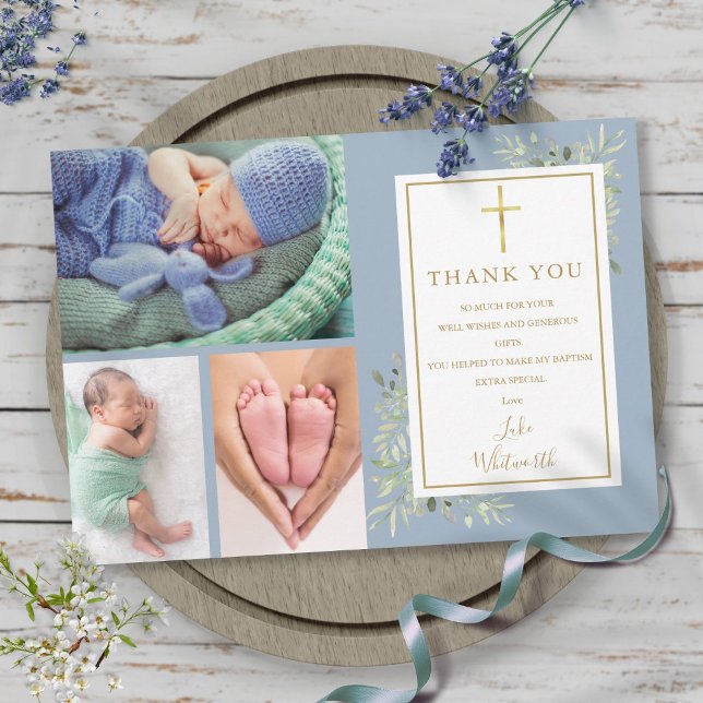 Taufe Christening Greenery 3 Foto Dusty Blue Dankeskarte (Baptism Christening Greenery 3 Photo Dusty Blue Thank You Card)