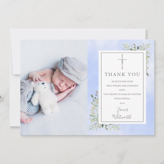 Taufe Christening Greenery Blue Watercolor Foto Dankeskarte (Vorderseite)