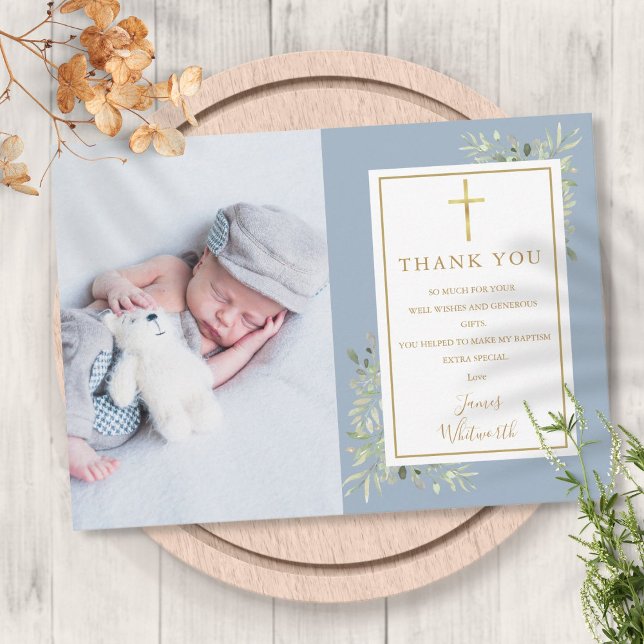 Taufe Christening Greenery Foto Blue Boy Dankeskarte (Baptism Christening Greenery Photo Blue Boy Thank You Card)