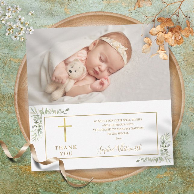 Taufe Christening Greenery Foto Dankeskarte (Baptism Christening Greenery Photo Thank You Card)