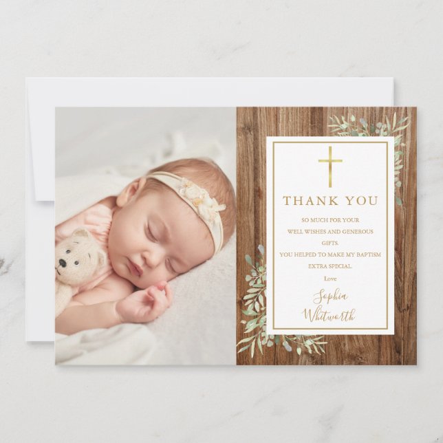 Taufe Christening Greenery Foto Rustikales Holz Dankeskarte (Vorderseite)