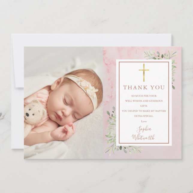 Taufe Christening Greenery Pink Marble Foto Dankeskarte (Vorderseite)
