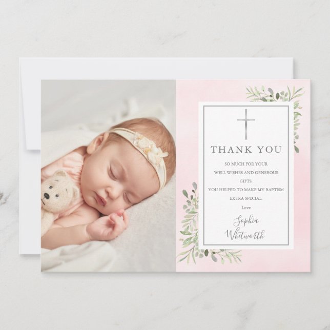 Taufe Christening Greenery Pink Wasserfarbe Foto Dankeskarte (Vorderseite)