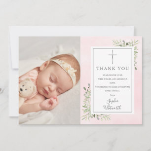 Taufe Christening Greenery Pink Wasserfarbe Foto Dankeskarte