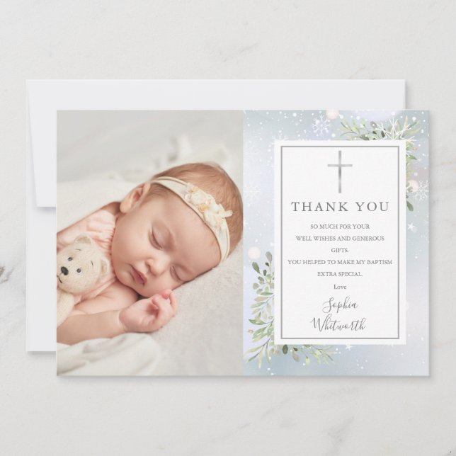 Taufe Christening Greenery Winter Foto Dankeskarte (Vorderseite)