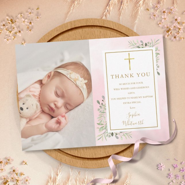 Taufe Christening Grüne Foto Pink Wasserfarbe Dankeskarte (Baptism Christening Greenery Photo Pink Watercolor Thank You Card)