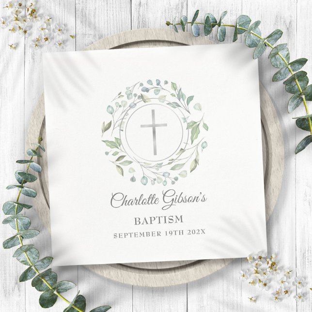 Taufe Christening Laurel Floral Silver Cross Serviette (Baptism Christening Laurel Floral Silver Cross Napkins)