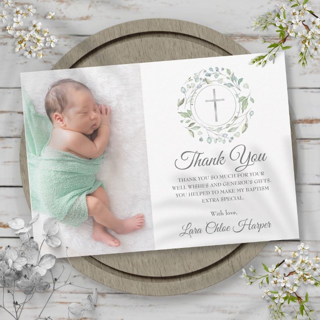 Taufe, Christening Laurel Foto Dankeskarte (Baptism, Christening Laurel Floral Photo Thank You Card)