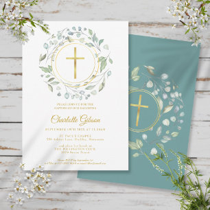 Taufe Christening Laurel Garland Gold Cross Einladung