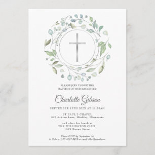 Taufe Christening Laurel Garland Silver Cross Einladung