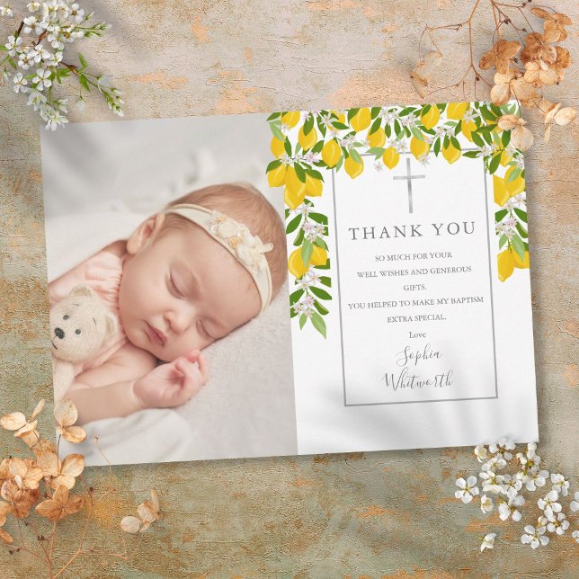 Taufe Christening Lemons Blossom Grünes Foto Dankeskarte (Baptism Christening Lemons Blossom Greenery Photo Thank You Card)