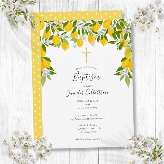 Taufe Christening Lemons floral Elegant Moderne Einladung (Baptism Christening Lemons Floral Elegant Modern Invitation)