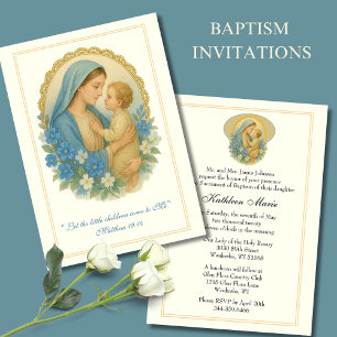 Taufe Christening Maria Jesus Blaue Blumenmuster Einladung