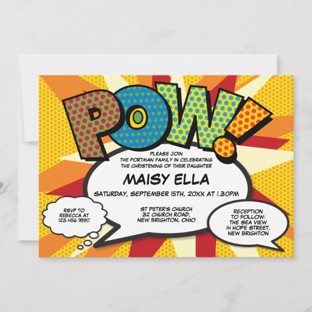 Taufe Christening Modernes Comic Buch Einladung (Vorderseite)