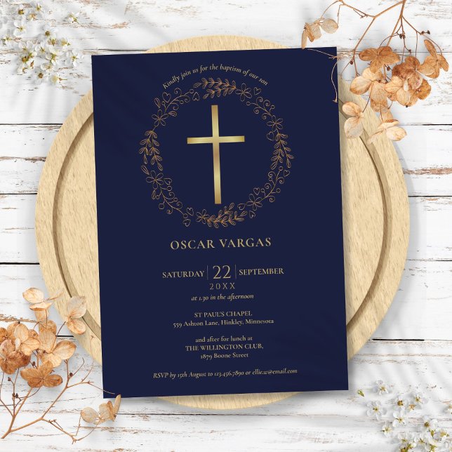 Taufe Christening Navy Blue Gold Cross Bloral Einladung (Baptism Christening Navy Blue Gold Cross Floral Invitation)