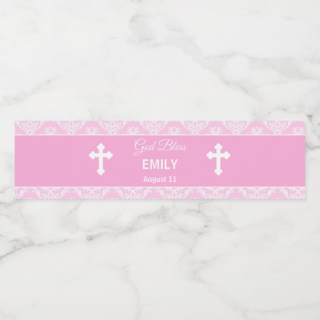 Taufe Christening Pink Bottle Girl Damask (Einzelnes Label)