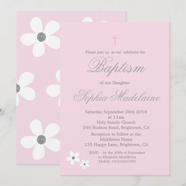 Taufe Christening Pink Daisy Silver Girl Einladung (Vorne/Hinten)