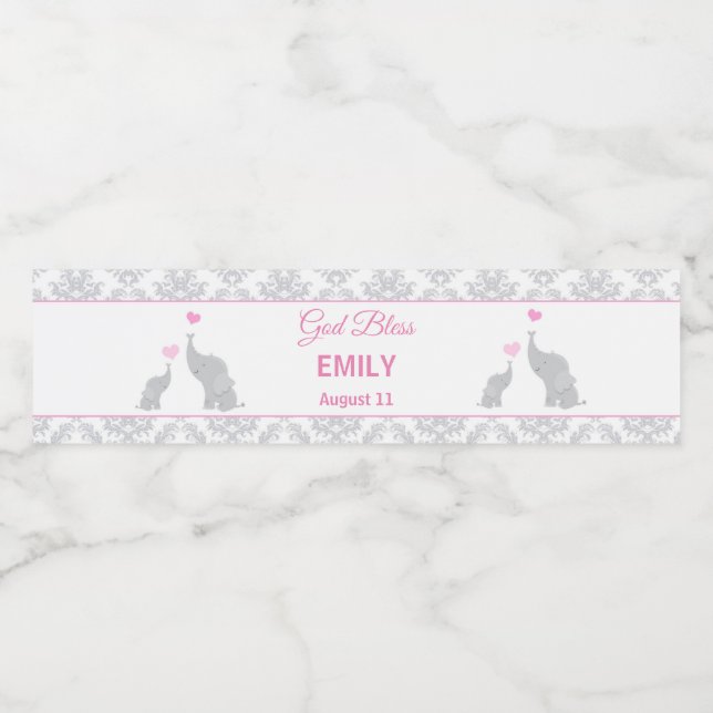 Taufe Christening Pink Elephants Flaschenetikett (Einzelnes Label)