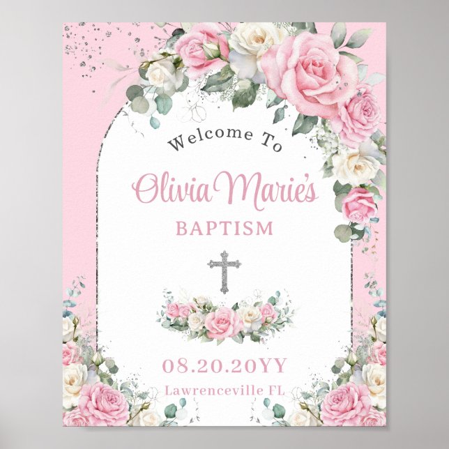 Taufe Christening Pink White Roses Blumensilber Poster (Vorne)