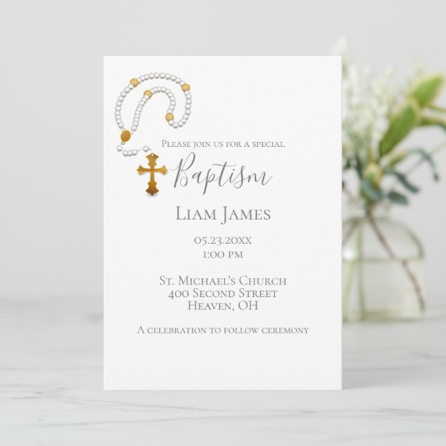 Taufe Christening Rosary Simple Religious Event Einladung (Stehend Vorderseite)