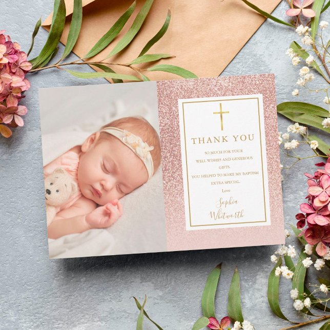 Taufe Christening Rose Gold Glitzer Foto Dankeskarte (Von Creator hochgeladen)