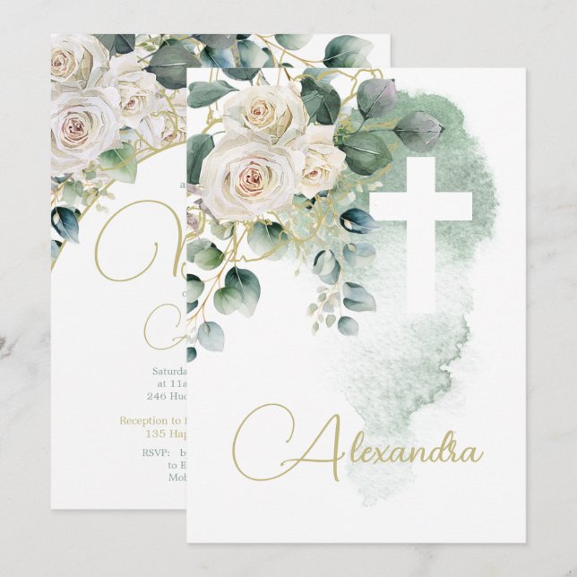 Taufe Christening Rose Grünes Religiöses Kreuz Einladung (Vorne/Hinten)