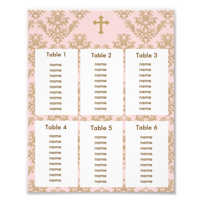 Taufe Christening Seating Chart Gold rosa Damaskus Fotodruck (Vorne)