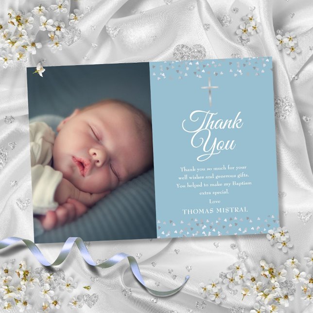 Taufe Christening Silver Hearts Foto Dankeskarte (Baptism Christening Silver Hearts Photo Thank You Card)
