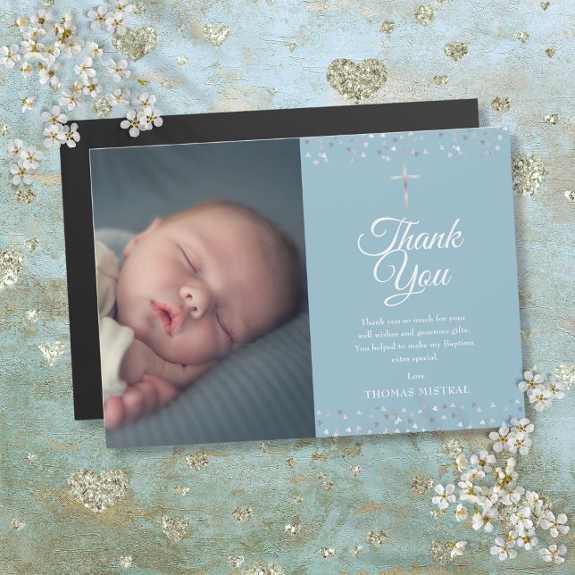 Taufe Christening Silver Hearts Foto Vielen Dank Magnetkarte (Baptism Christening Silver Hearts Photo Thank You)