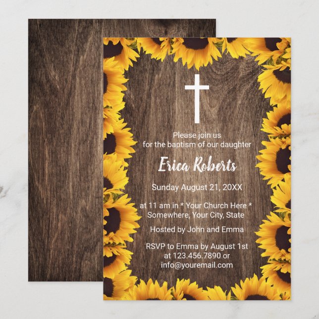 Taufe Christening Vintage Sonnenblumen Gerahmt Einladung (Vorne/Hinten)