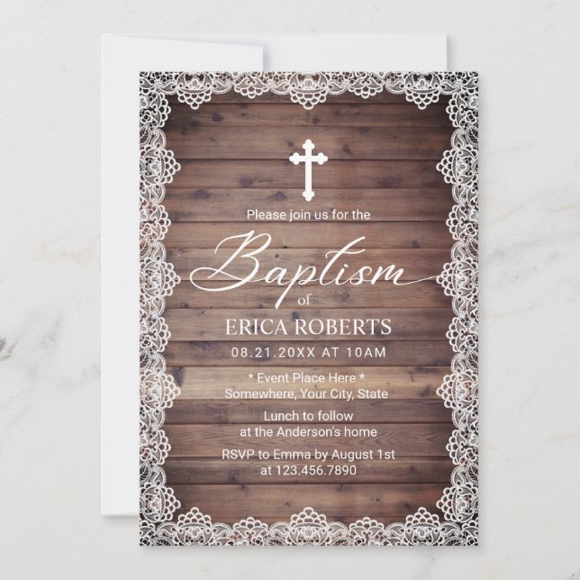 Taufe Christening Vintage Spitzen Rustikale Holz Einladung (Vorderseite)