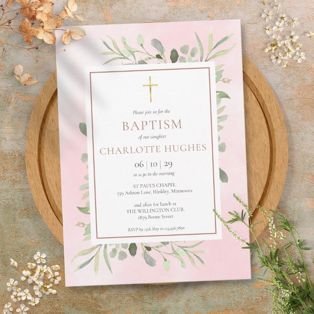 Taufe Christening Watercolor Grüne Rose Gold Einladung (Baptism Christening Watercolor Greenery Rose Gold Invitation)