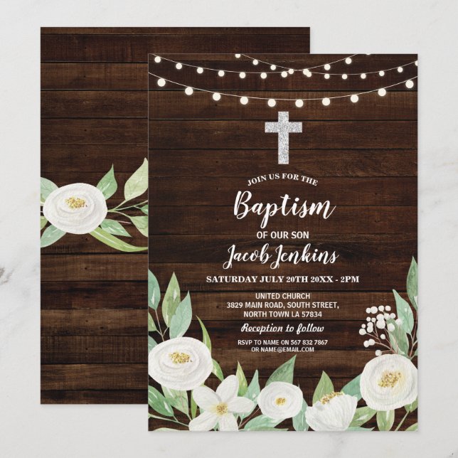 Taufe Christening White Blume Rustic Wood Einladung (Vorne/Hinten)