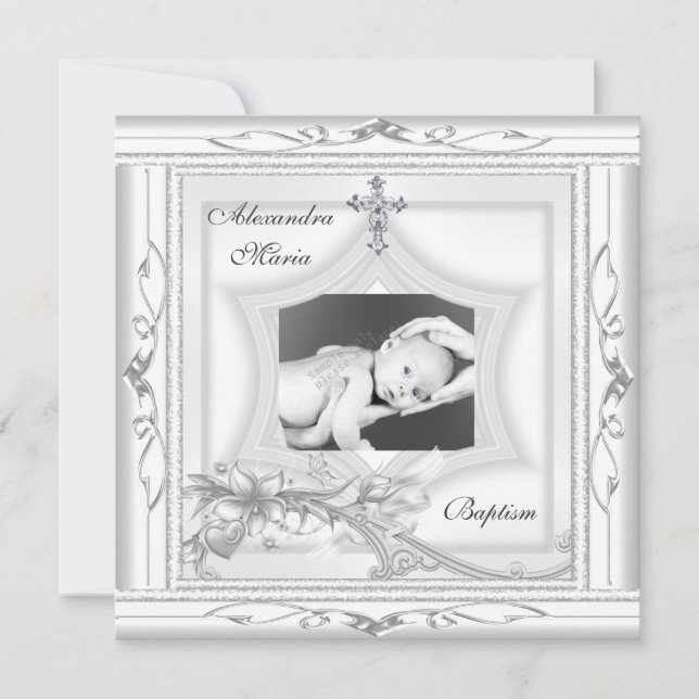 Taufe Christening White Star Foto Cross Bow Einladung (Vorderseite)