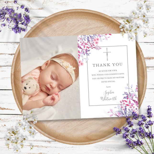 Taufe Christening Wildblumen Blumenkohl Foto Dankeskarte (Baptism Christening Wildflowers Floral Photo Thank You Card)