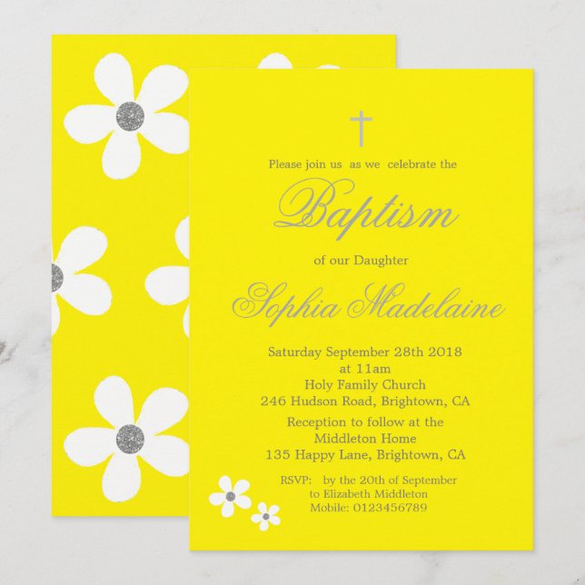 Taufe Christening Yellow Daisy Silver Girl Einladung (Vorne/Hinten)