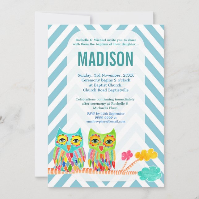 Taufe Christening Zickzack Rainbow Owls laden ein Einladung (Vorderseite)