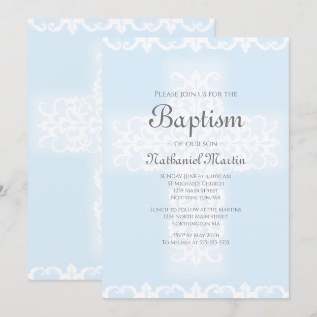 Taufe Christlich Cross Blue Damask Junge Einladung (Vorne/Hinten)